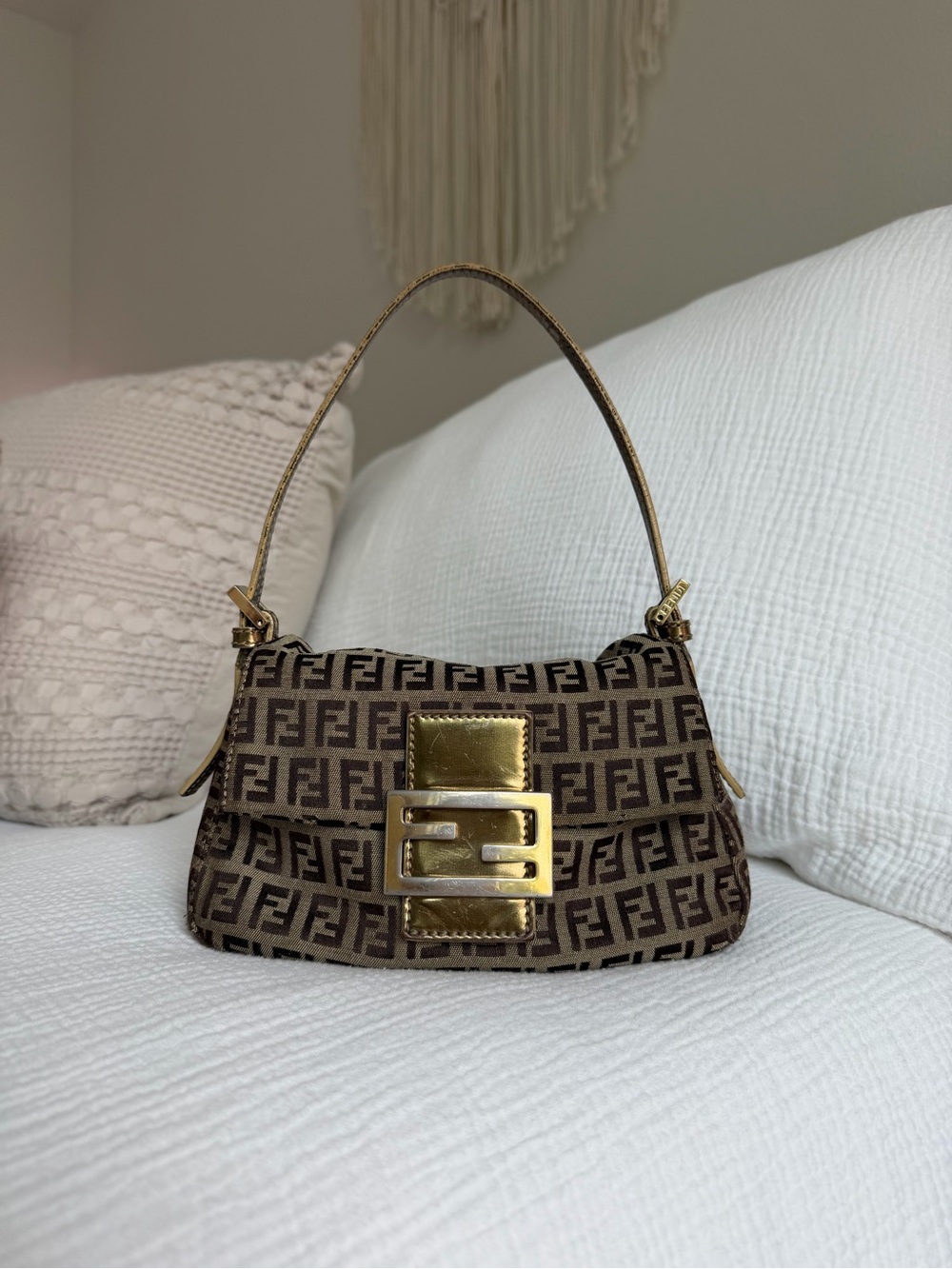 Rare Vintage Fendi Mini Mama Baguette Gold Y2K Shoulder Bag Authentic w/ COA